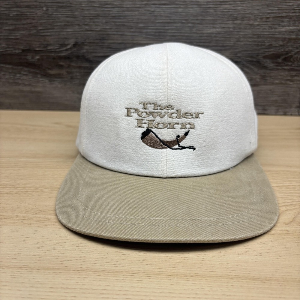Vintage Powder Horn Hat Cap Strap Back White Tan Embroidered Logo Firethorn Mens